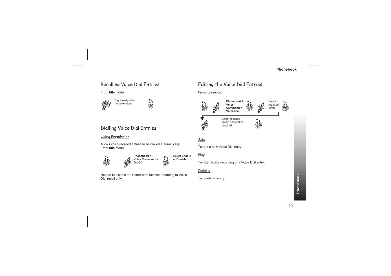 My profiles 30, Recalling voice dial entries, Dialling voice dial entries | Editing the voice dial entries | Panasonic GD87 User Manual | Page 27 / 114