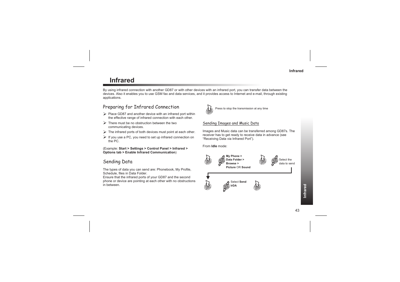 Receiving data via infrared port 44, Infrared | Panasonic GD87 User Manual | Page 41 / 114