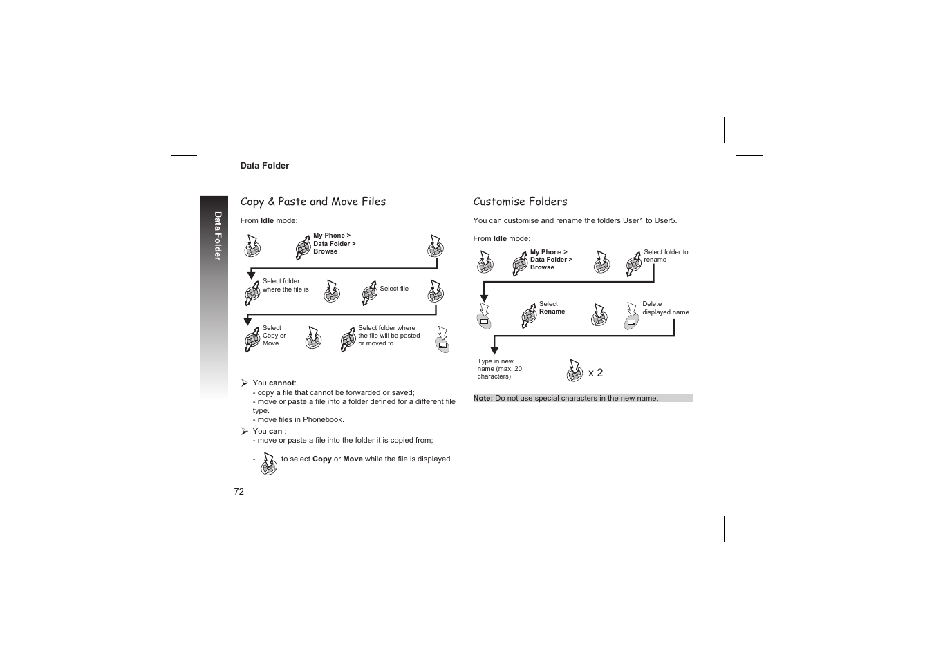 Copy & paste and move files, Customise folders | Panasonic GD87 User Manual | Page 70 / 114