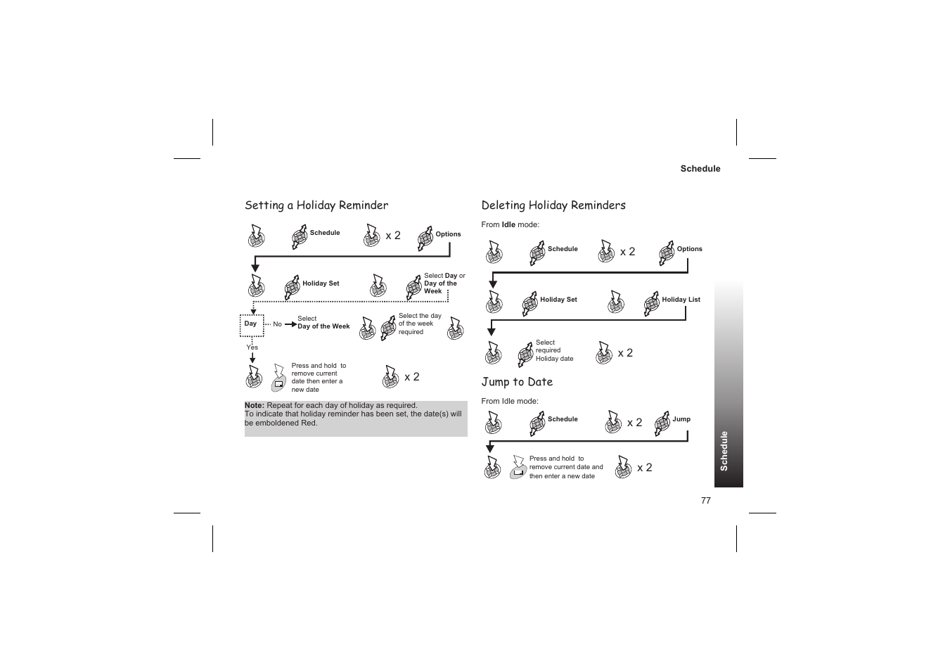 Games 78, Setting a holiday reminder, Deleting holiday reminders | Jump to date | Panasonic GD87 User Manual | Page 75 / 114