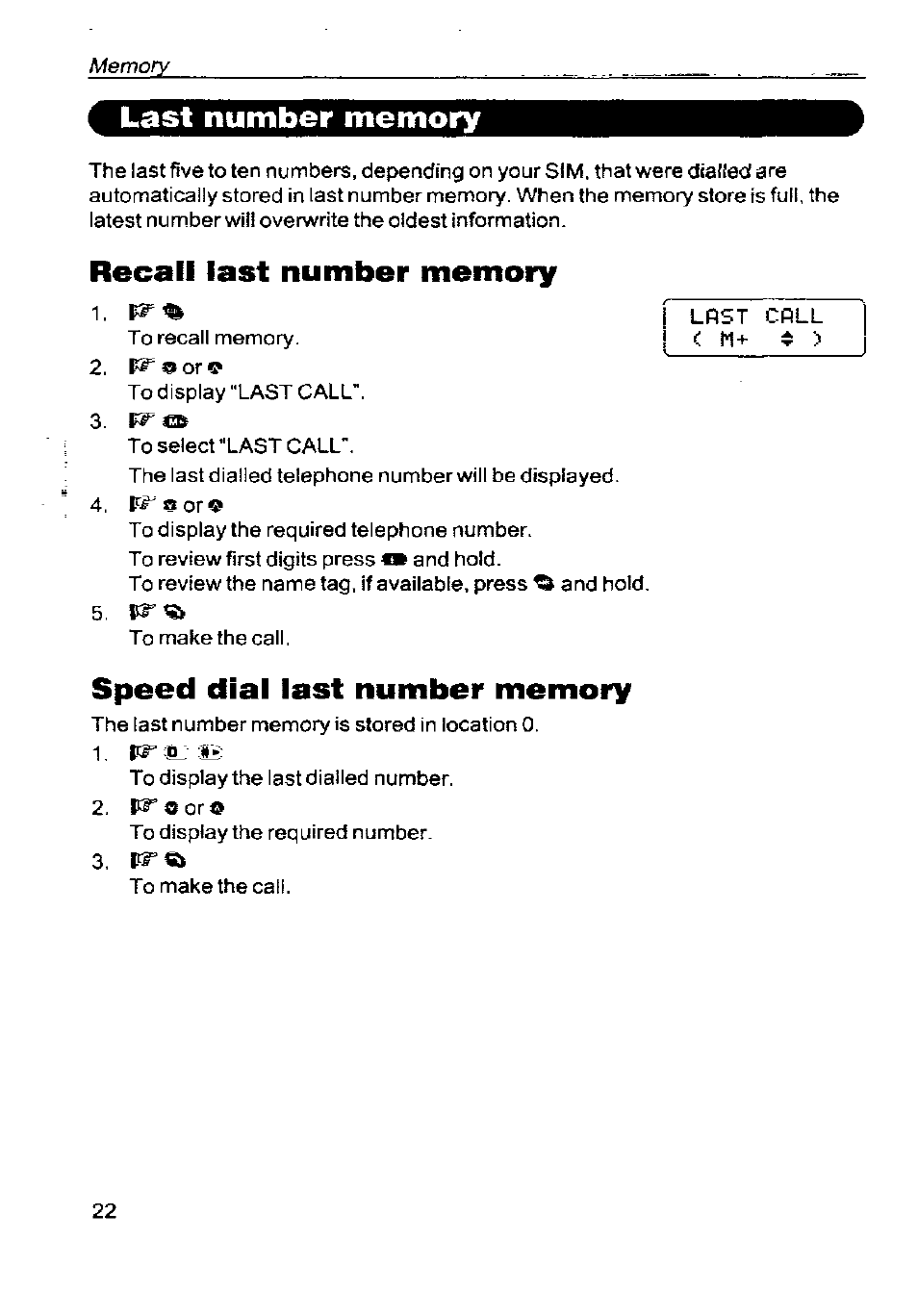 Last number memory, Recall last number memory, Speed dial last number memory | Panasonic G350 User Manual | Page 26 / 68