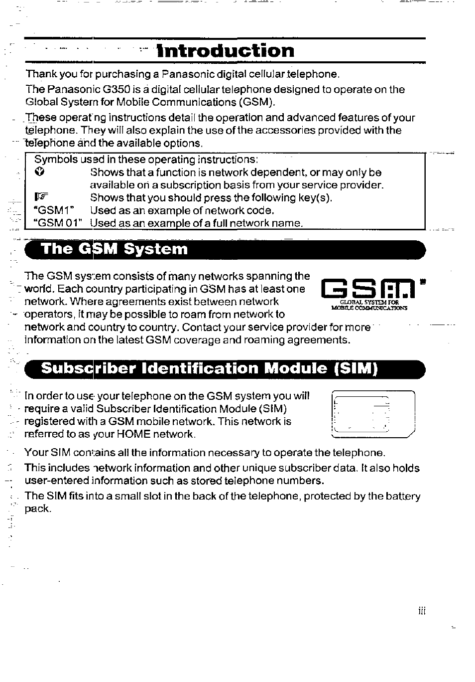 M system, Riber identification module (sim), Introduction | Udun, u didu i luiud | Panasonic G350 User Manual | Page 3 / 68