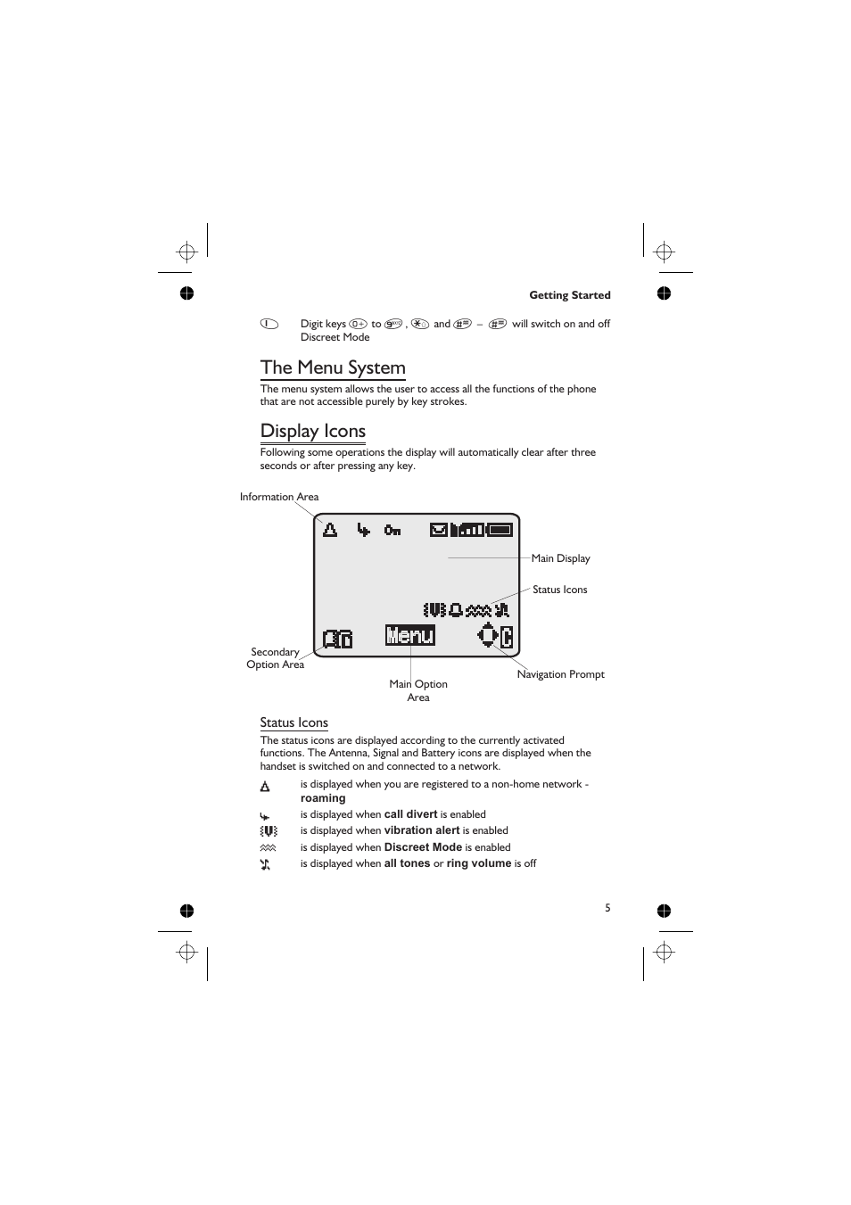 The menu system 5, Display icons 5, The menu system | Display icons | Panasonic GD76 User Manual | Page 15 / 84
