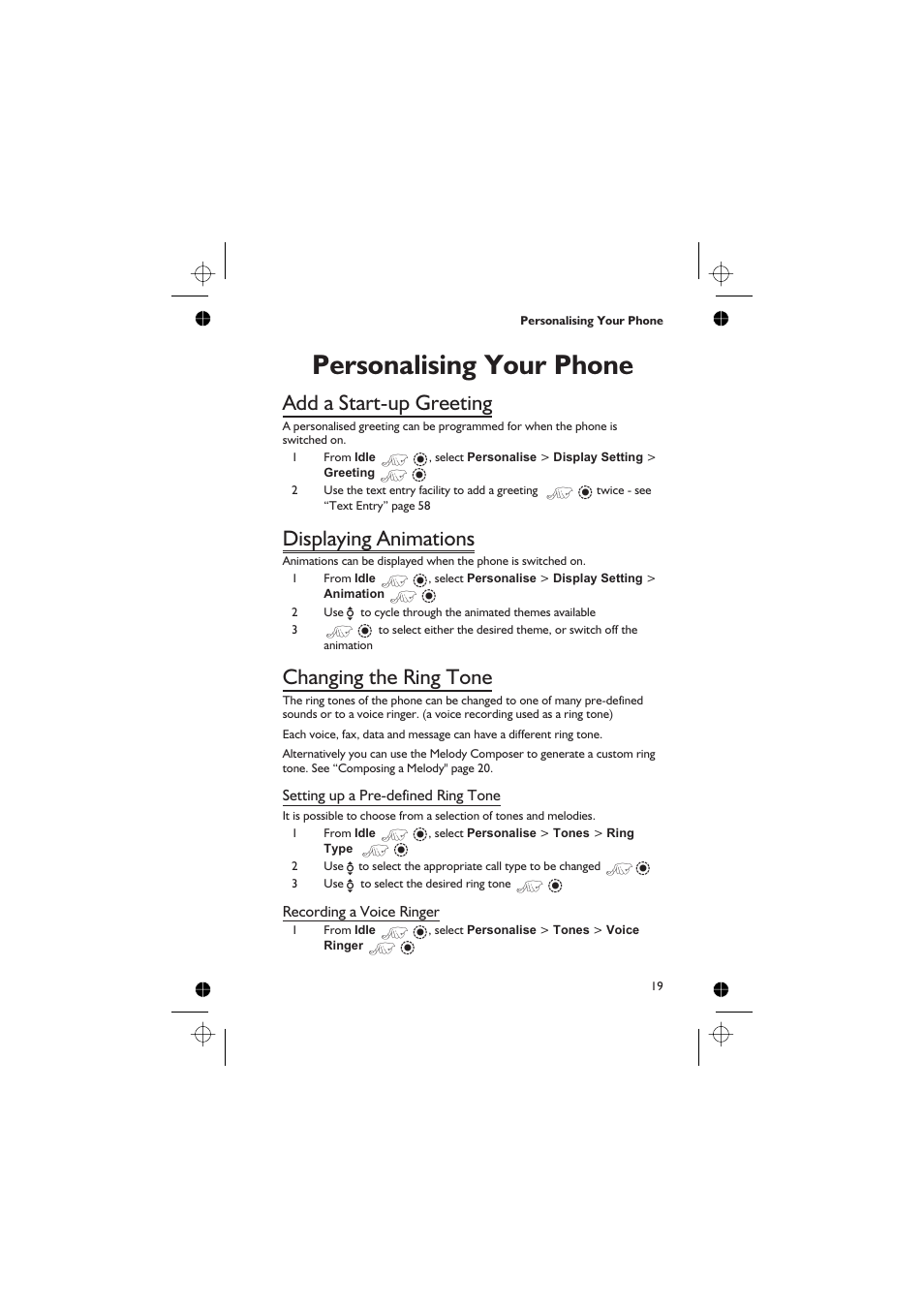 Personalising your phone 19, Add a start-up greeting 19, Displaying animations 19 | Changing the ring tone 19, Personalising your phone, Add a start-up greeting, Displaying animations, Changing the ring tone | Panasonic GD76 User Manual | Page 29 / 84