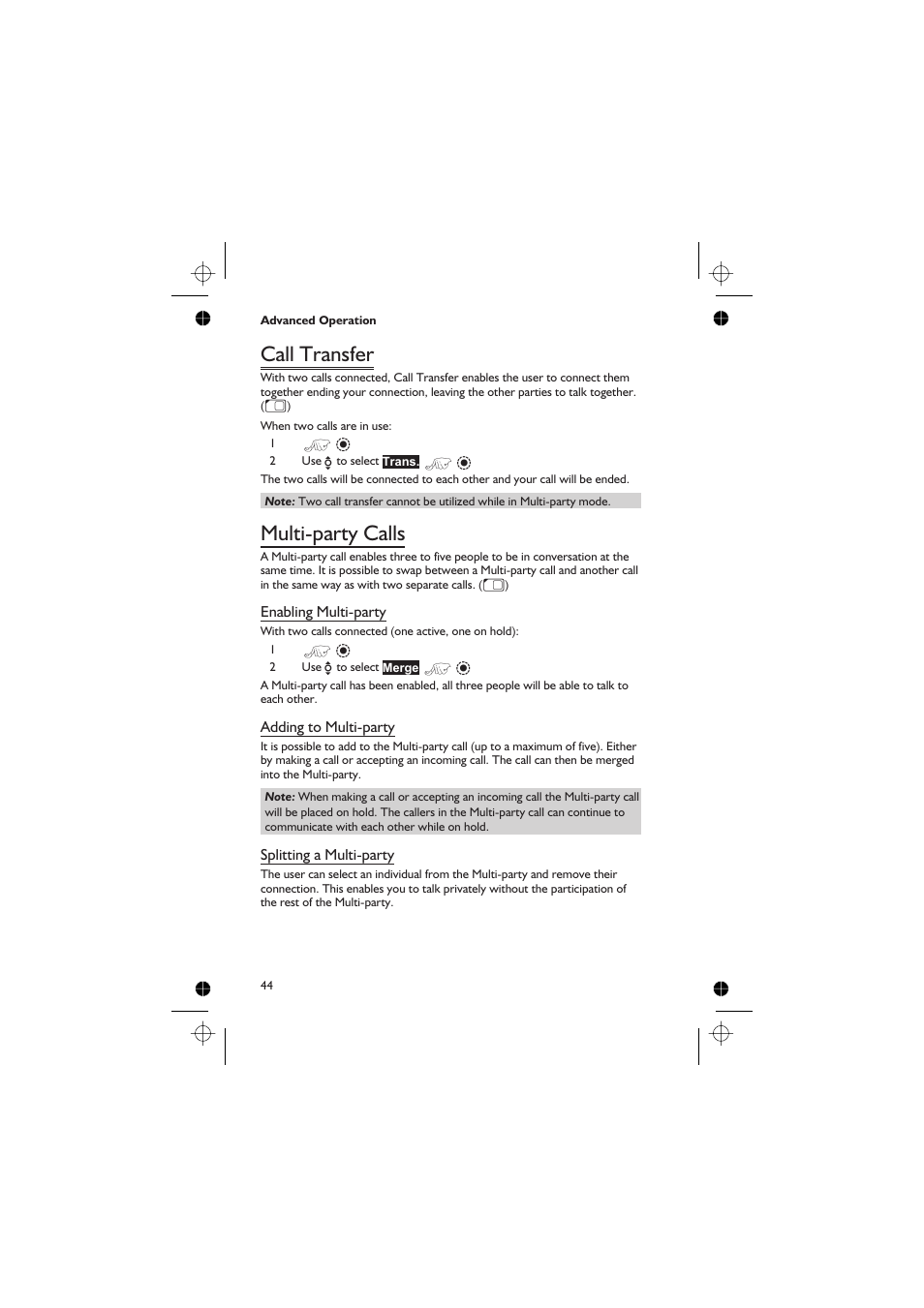 Call transfer 44, Multi-party calls 44, Call transfer | Multi-party calls | Panasonic GD76 User Manual | Page 54 / 84