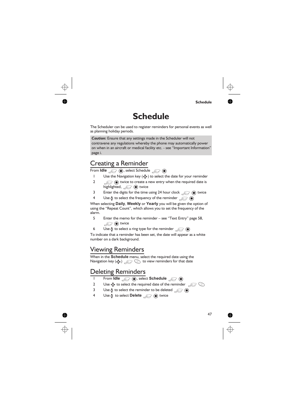 Schedule 47, Creating a reminder 47, Viewing reminders 47 | Deleting reminders 47, Schedule, Creating a reminder, Viewing reminders, Deleting reminders | Panasonic GD76 User Manual | Page 57 / 84