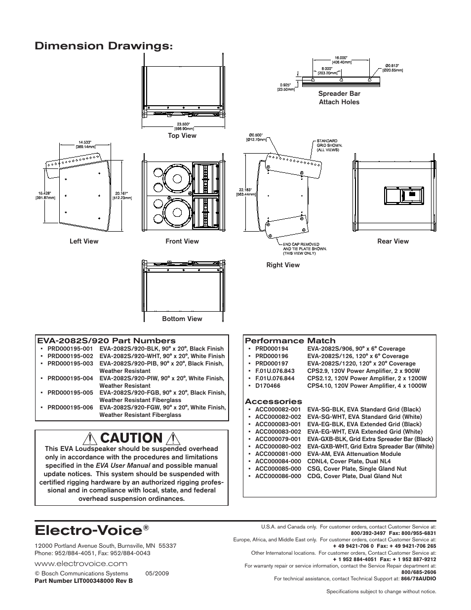 Electro-voice, Caution, Dimension drawings | Electro-Voice EVA-2082S/920 User Manual | Page 4 / 4
