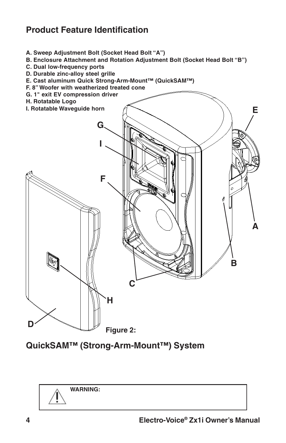 Product feature identification, Quicksam™ (strong-arm-mount™) system | Electro-Voice Zx1i-90 User Manual | Page 4 / 12