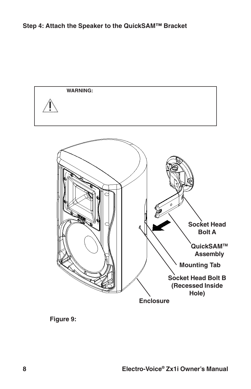 8electro-voice, Figure 9: attaching speaker to quicksam, Assembly quicksam | Electro-Voice Zx1i-90 User Manual | Page 8 / 12