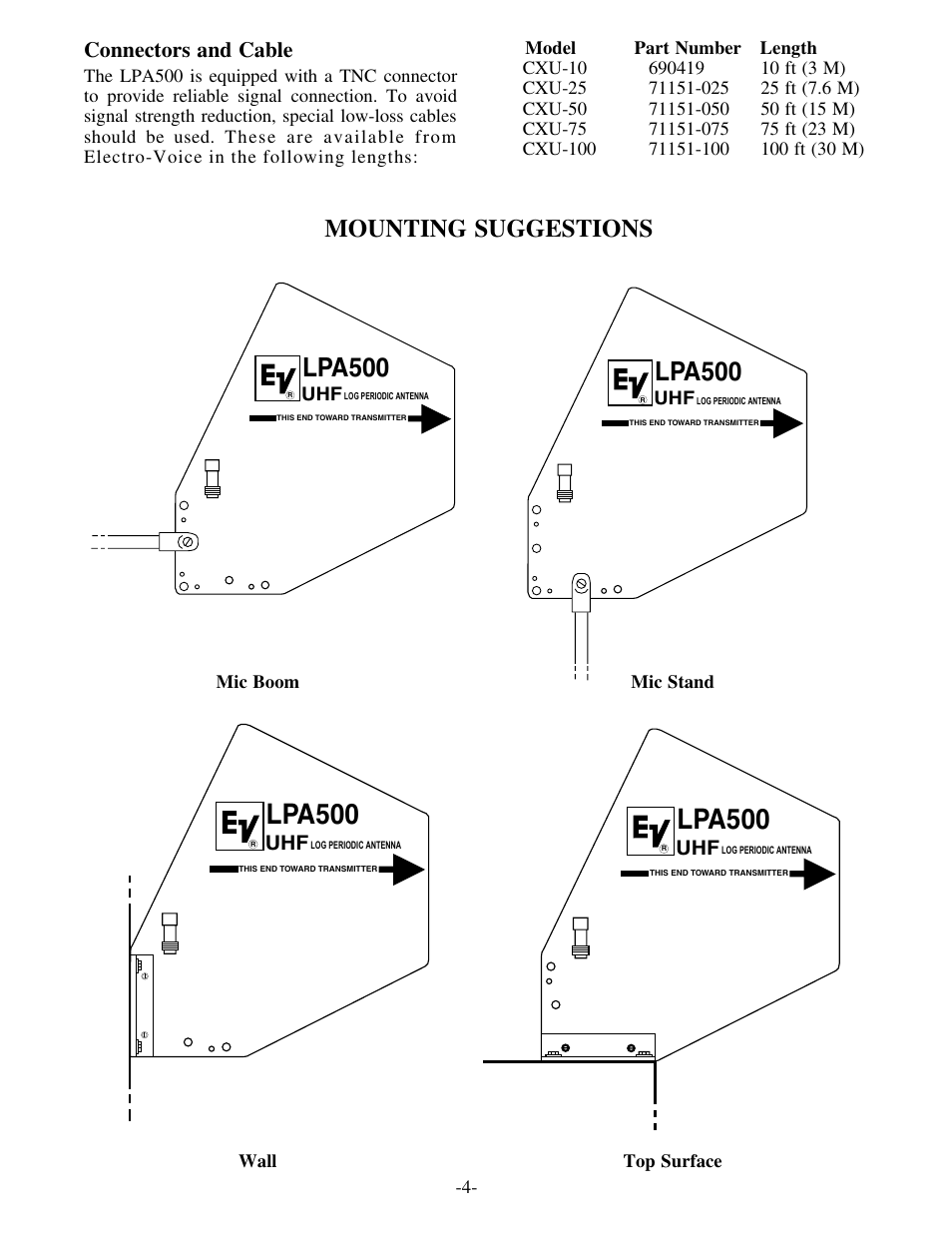 Lpa500, Mounting suggestions, Connectors and cable | Electro-Voice LPA500 User Manual | Page 4 / 7