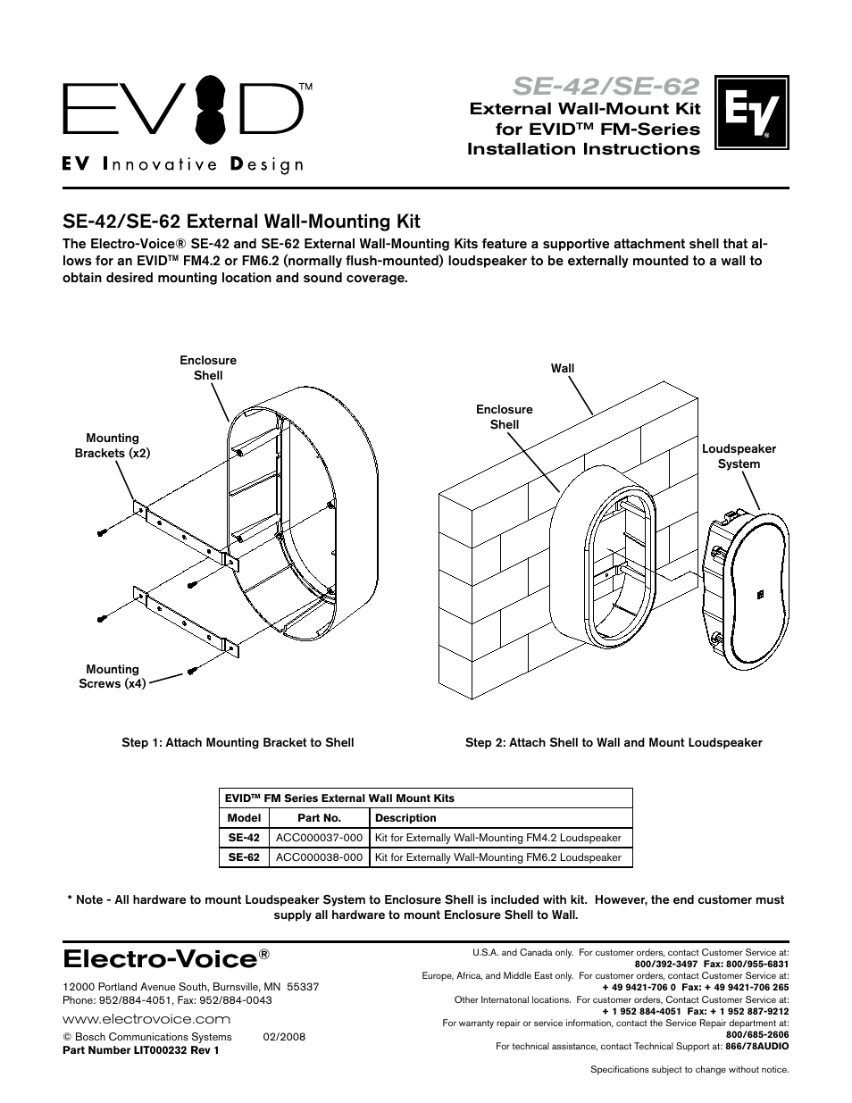Electro-Voice External Wall-Mount Kit for EVIDTM SE-62 User Manual | 1 page