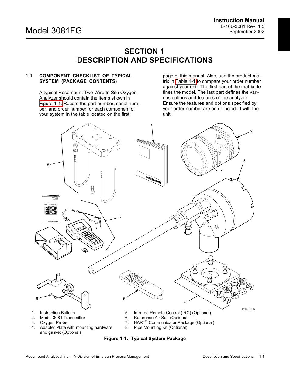 Description and specifications, 0 description, Specifications -1 | Figure 1-1. typical system package -1, Model 3081fg, Instruction manual | Emerson 3081FG User Manual | Page 11 / 78