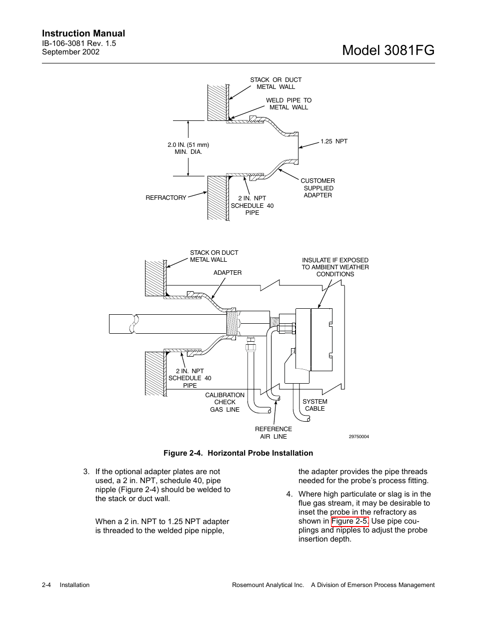 Figure 2-4. horizontal probe installation -4, Model 3081fg, Instruction manual | Emerson 3081FG User Manual | Page 22 / 78