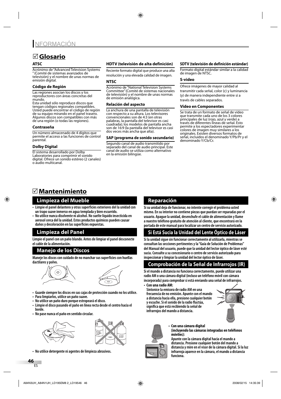 Nformación, Glosario 5, Mantenimiento 5 | Limpieza del mueble, Limpieza del panel, Manejo de los discos, Reparación, Si está sucia la unidad del lente óptico de láser, Comprobación de la señal de infrarrojos (ir) | Emerson LD195EM8 7 User Manual | Page 94 / 96