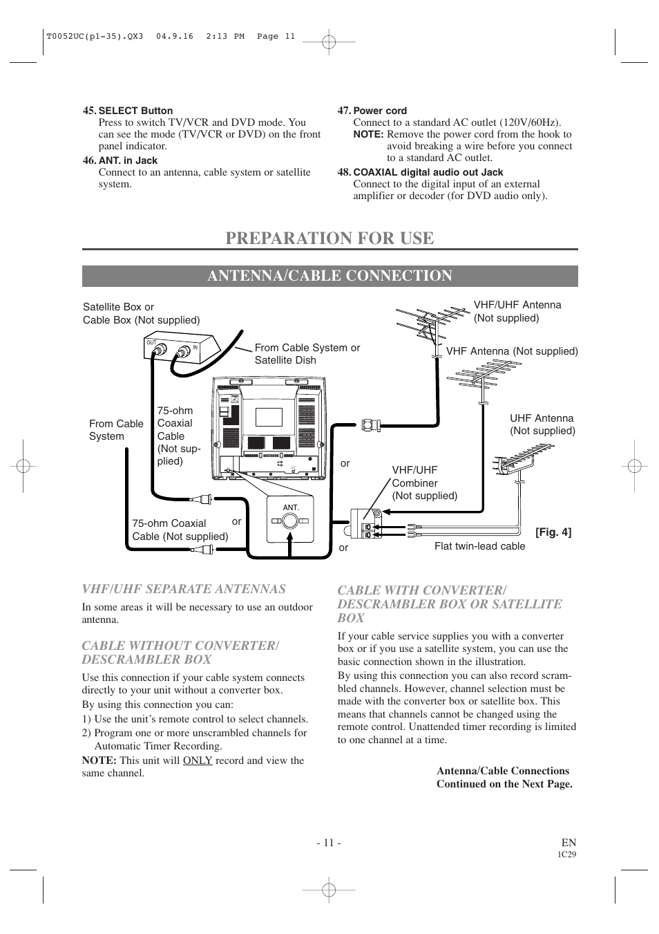 Preparation for use, Antenna/cable connection, Cable without converter/ descrambler box | Vhf/uhf separate antennas | Emerson EWC19T4 User Manual | Page 11 / 56
