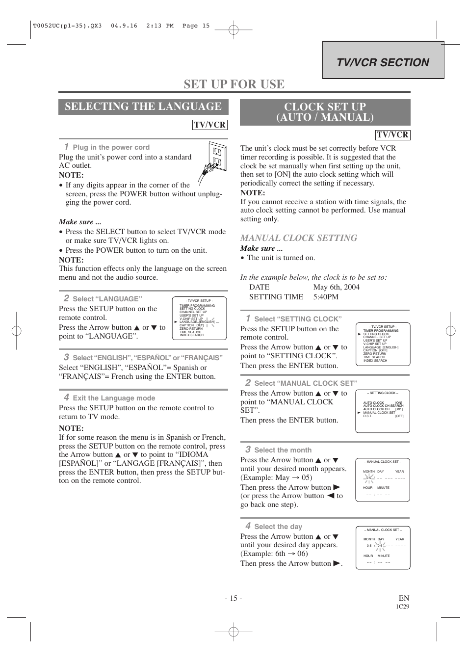 Set up for use, Selecting the language, Clock set up (auto / manual) | Manual clock setting, Tv/vcr | Emerson EWC19T4 User Manual | Page 15 / 56