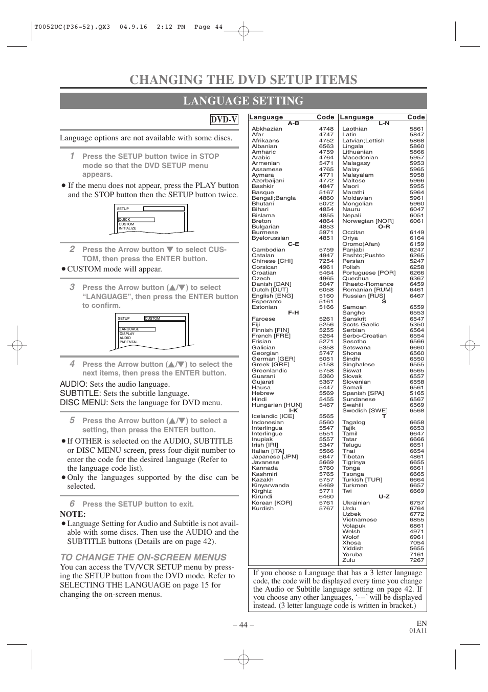 Changing the dvd setup items, Language setting, Dvd-v | Language options are not available with some discs, Custom mode will appear | Emerson EWC19T4 User Manual | Page 44 / 56