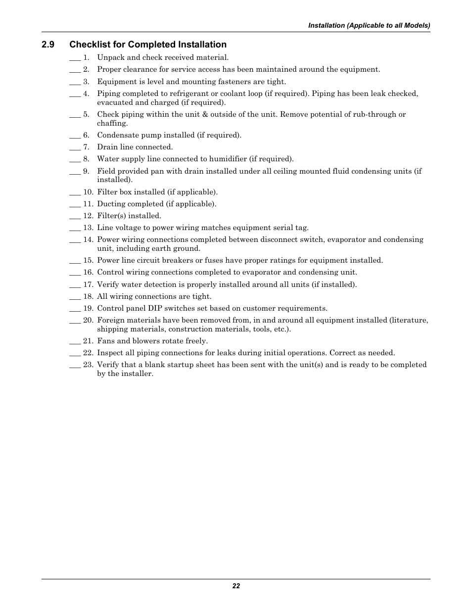 9 checklist for completed installation, Checklist for completed installation | Emerson 3000 User Manual | Page 28 / 88