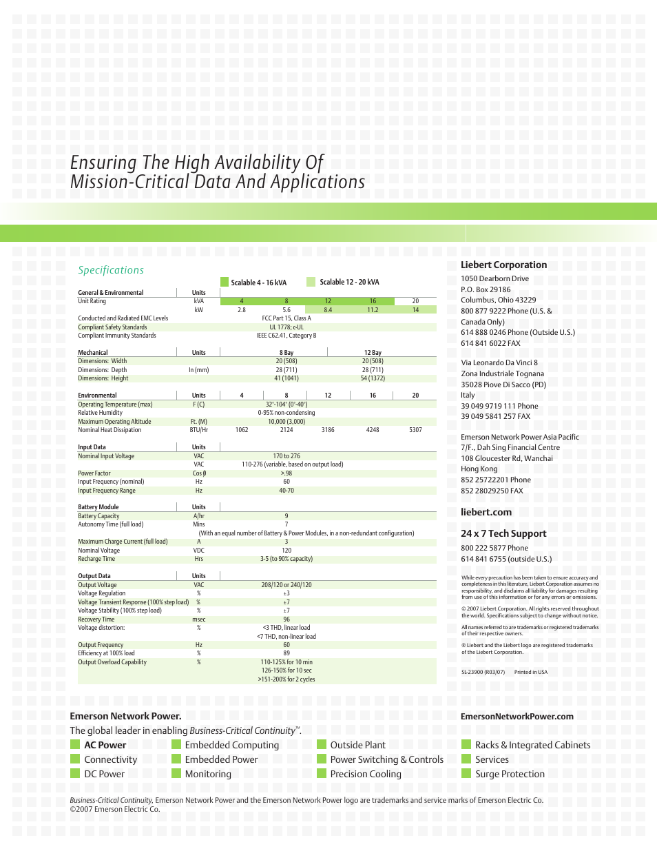 Specifications | Emerson 4-16kVA User Manual | Page 8 / 8