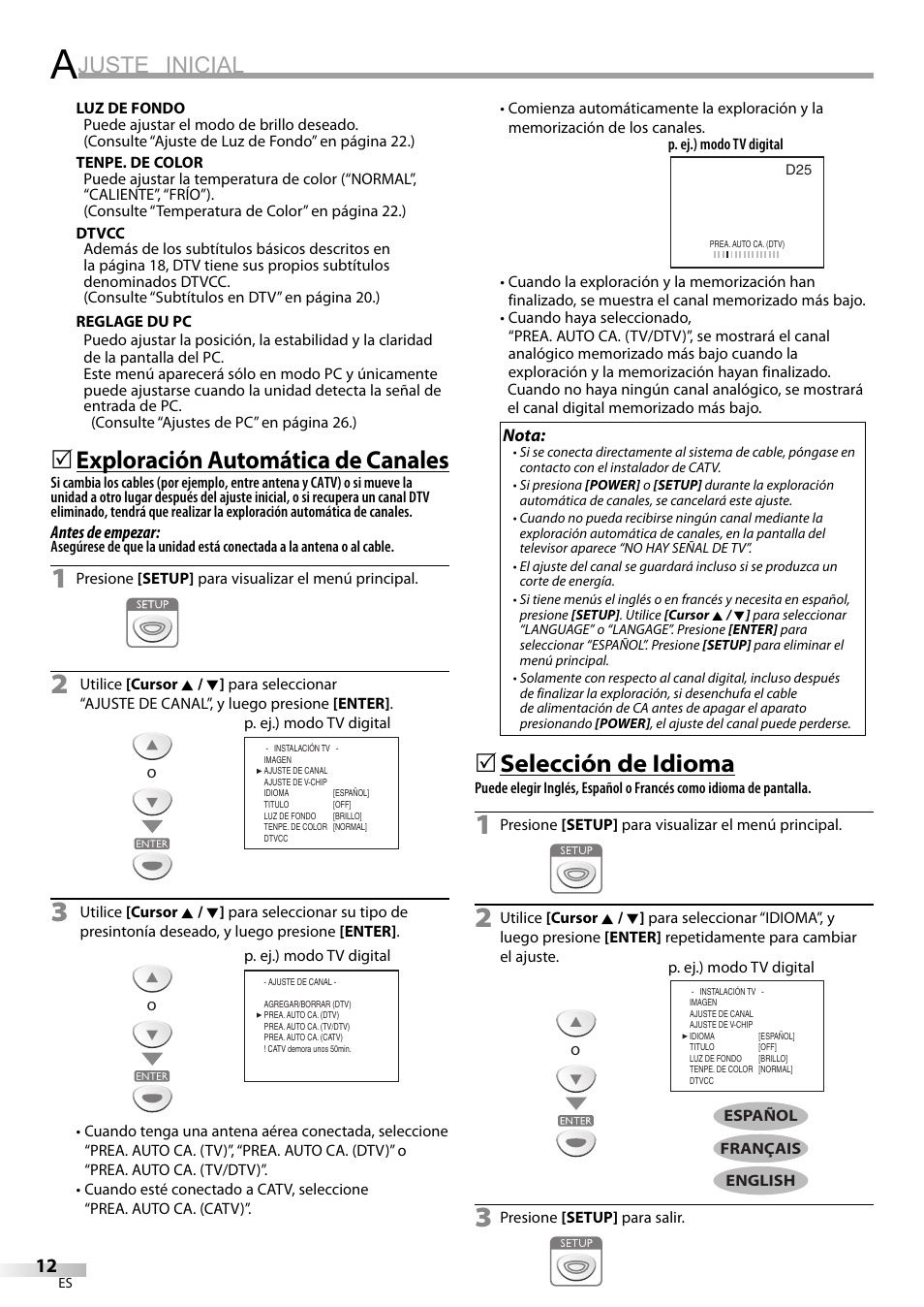 Juste inicial, Exploración automática de canales, Selección de idioma | Emerson SLC195EM8 User Manual | Page 42 / 60