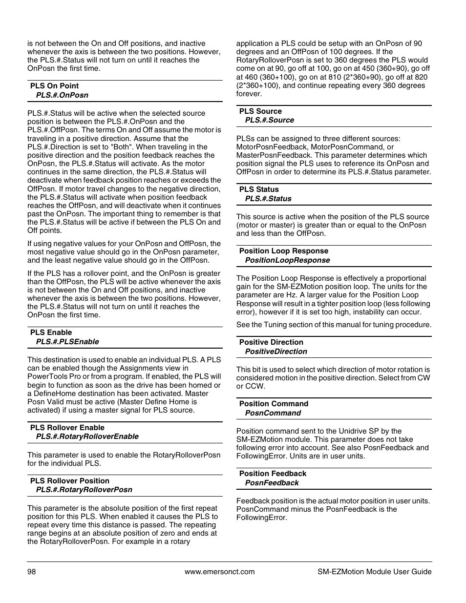 Pls.#.onposn, Pls.#.plsenable, Pls.#.rotaryrolloverenable | Pls.#.rotaryrolloverposn, Pls.#.source, Pls.#.status, Positionloopresponse, Positivedirection, Posncommand, Posnfeedback | Emerson P/N 400361-00 User Manual | Page 112 / 152