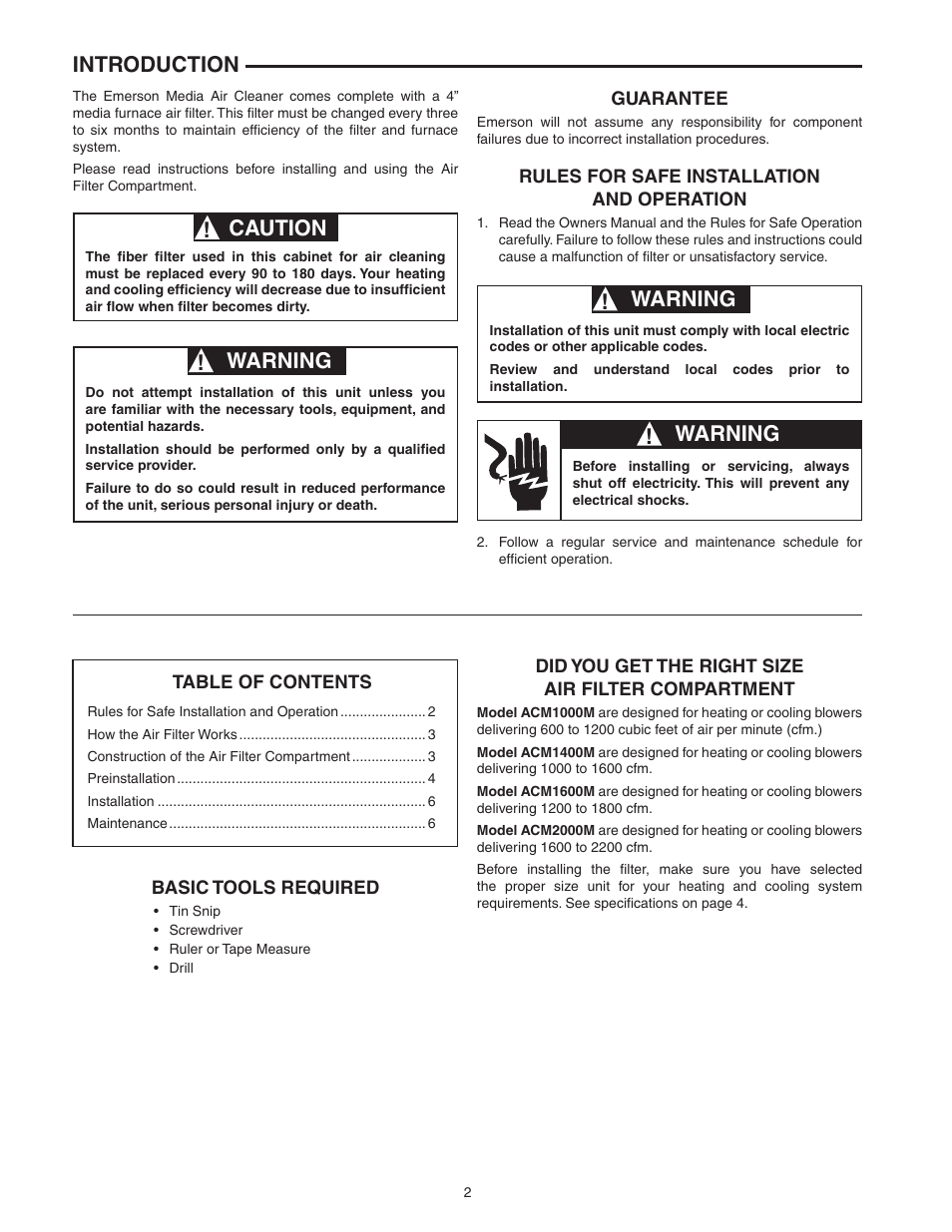 Introduction, Caution, Warning | Warning ! warning | Emerson MEDIA AIR CLEANER ACM2000M-XXX User Manual | Page 2 / 8
