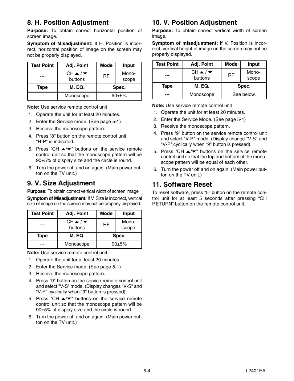 H. position adjustment, V. size adjustment, V. position adjustment | Software reset | Emerson 20" Color Television 6420FE User Manual | Page 18 / 52