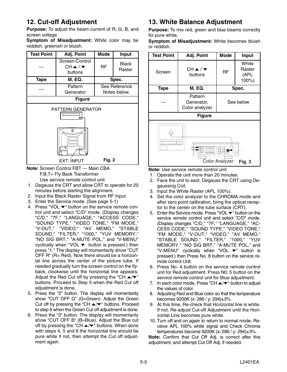 Cut-off adjustment, White balance adjustment | Emerson 20" Color Television 6420FE User Manual | Page 19 / 52