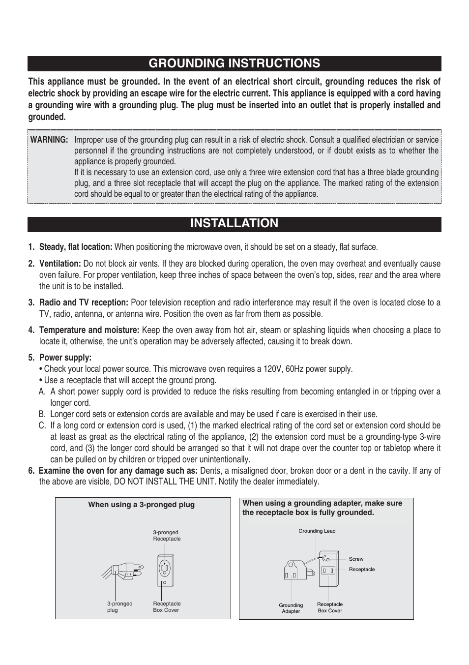 Grounding instructions installation | Emerson MW8999SB User Manual | Page 6 / 31