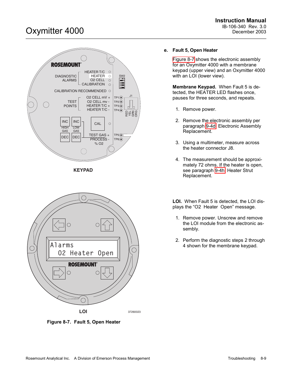 Figure 8-7. fault 5, open heater -9, Oxymitter 4000, Alarms o2 heater open | Instruction manual | Emerson OXYMITTER 4000 User Manual | Page 113 / 172