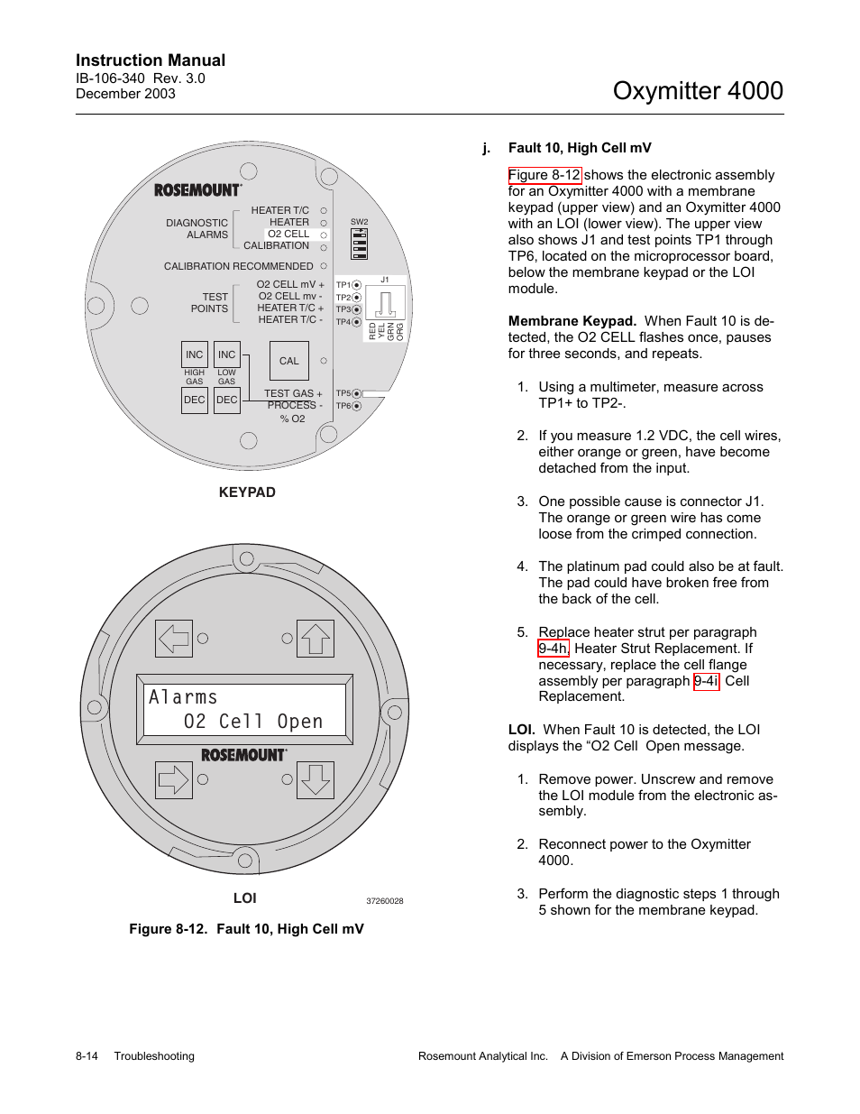 Figure 8-12. fault 10, high cell mv -14, Oxymitter 4000, Alarms o2 cell open | Instruction manual | Emerson OXYMITTER 4000 User Manual | Page 118 / 172