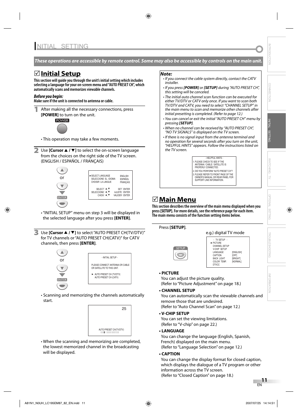 Nitial setting, Initial setup, Main menu | Emerson LC195EM87 User Manual | Page 11 / 56