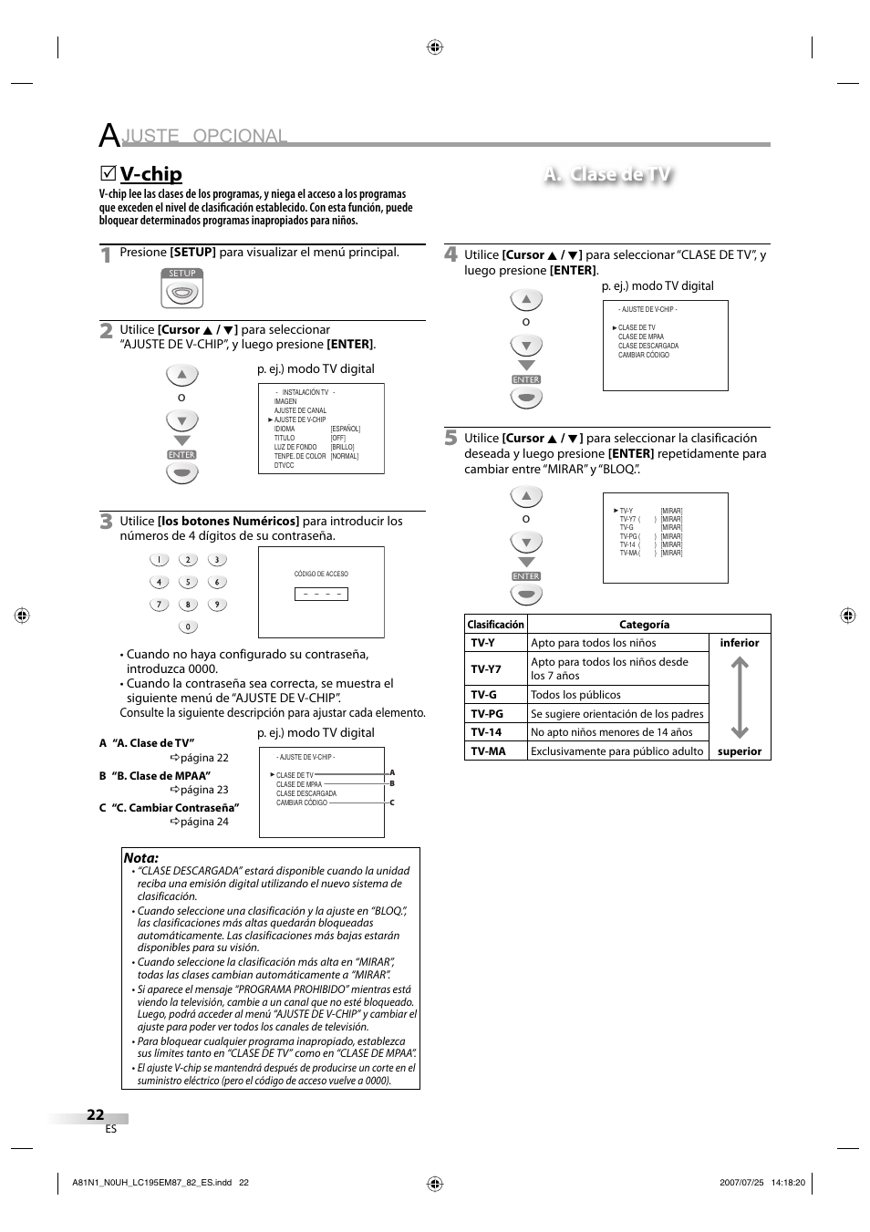 Juste opcional, V-chip, 5a. clase de tv | Emerson LC195EM87 User Manual | Page 50 / 56