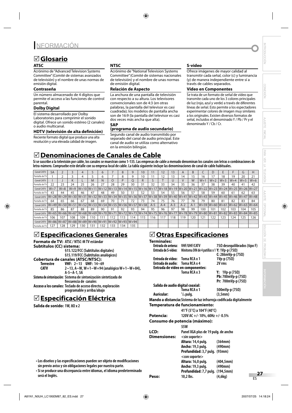 Nformación, Glosario 5, Especificación eléctrica | 5otras especificaciones | Emerson LC195EM87 User Manual | Page 55 / 56