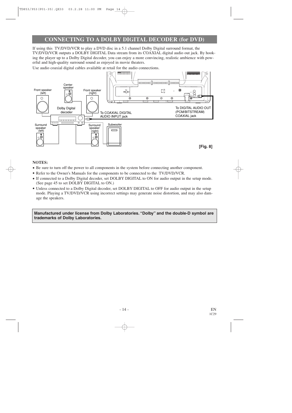 Connecting to a dolby digital decoder (for dvd) | Emerson EWC19T3 User Manual | Page 14 / 56