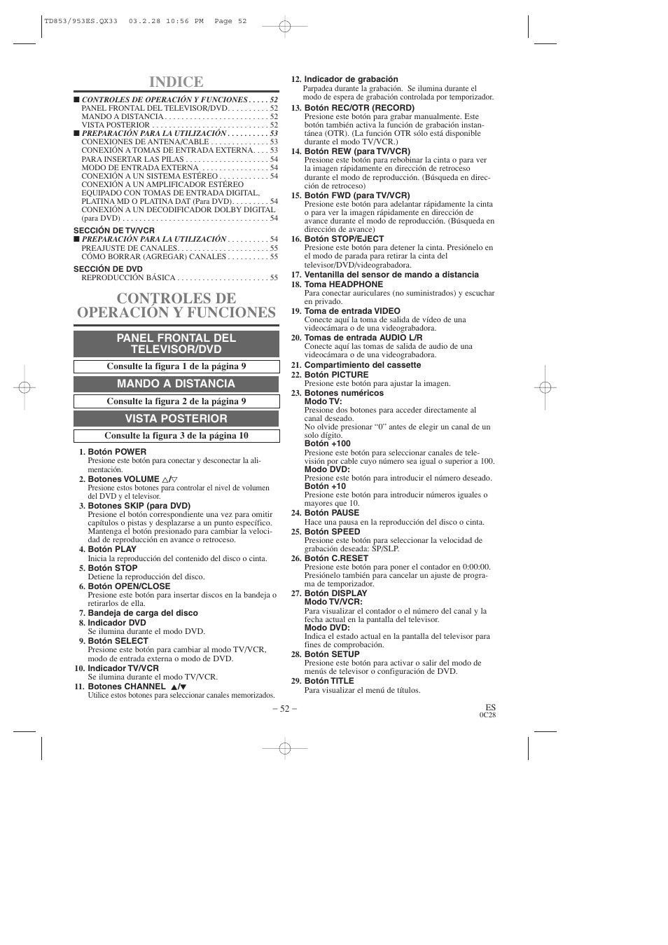 Indice, Controles de operación y funciones, Panel frontal del televisor/dvd | Mando a distancia, Vista posterior | Emerson EWC19T3 User Manual | Page 52 / 56