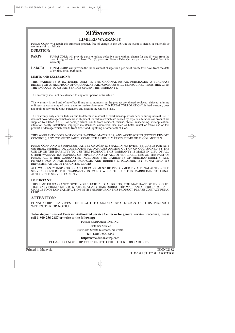 Limited warranty, Attention | Emerson EWC19T3 User Manual | Page 56 / 56