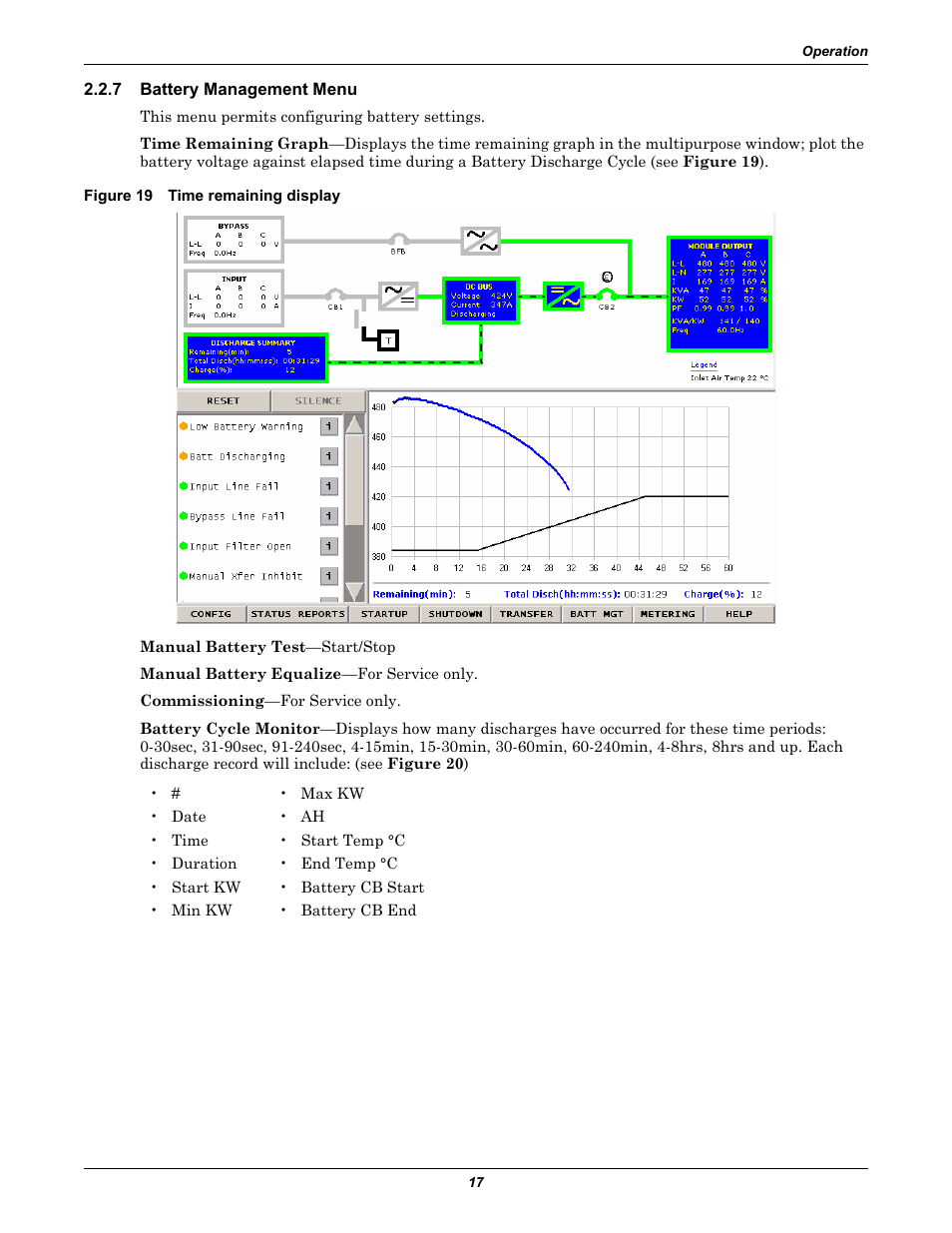 7 battery management menu, Figure 19 time remaining display, Battery management menu | Emerson 250-400kVA User Manual | Page 23 / 72