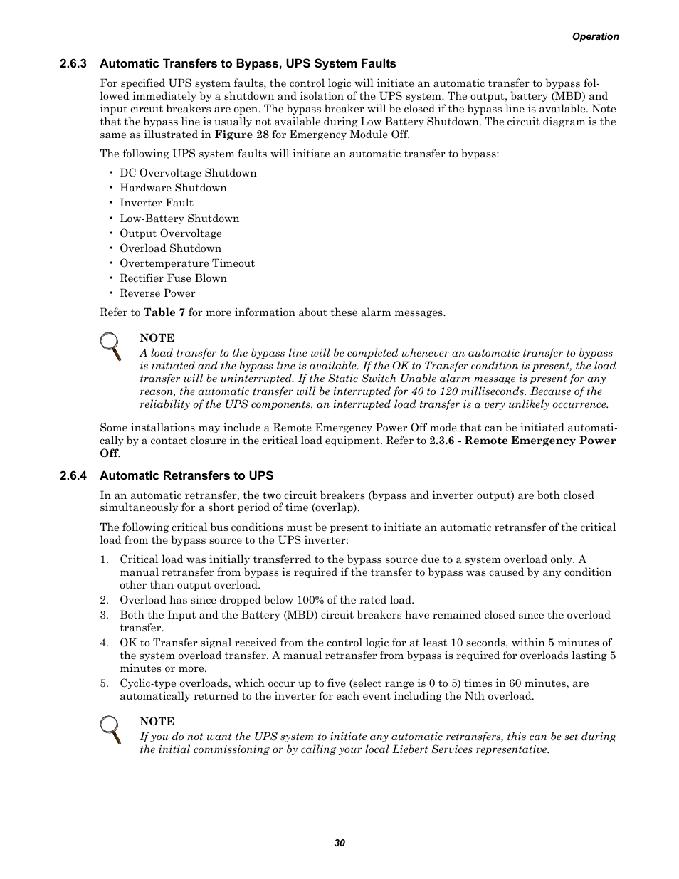 3 automatic transfers to bypass, ups system faults, 4 automatic retransfers to ups, Automatic transfers to bypass, ups system faults | Automatic retransfers to ups | Emerson 250-400kVA User Manual | Page 36 / 72