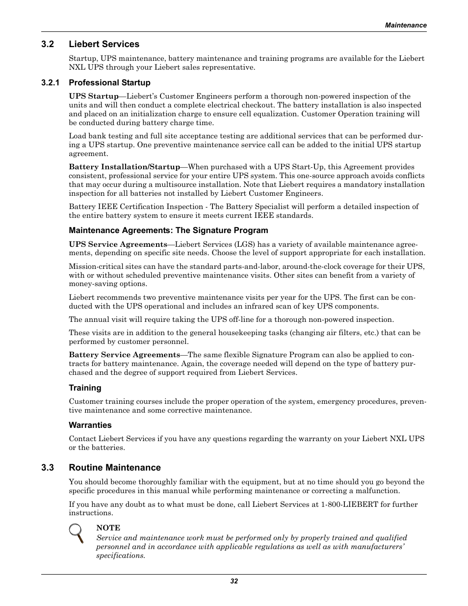 2 liebert services, 1 professional startup, Maintenance agreements: the signature program | Training, Warranties, 3 routine maintenance, Liebert services, Professional startup, Routine maintenance | Emerson 250-400kVA User Manual | Page 38 / 72