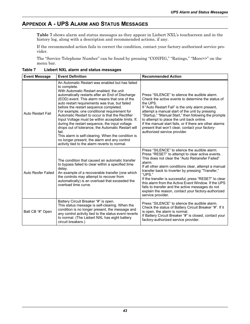 Appendix a - ups alarm and status messages, Table 7 liebert nxl alarm and status messages, Ups a | Larm, Tatus, Essages, Table 7, Liebert nxl alarm and status messages, A - ups a | Emerson 250-400kVA User Manual | Page 49 / 72