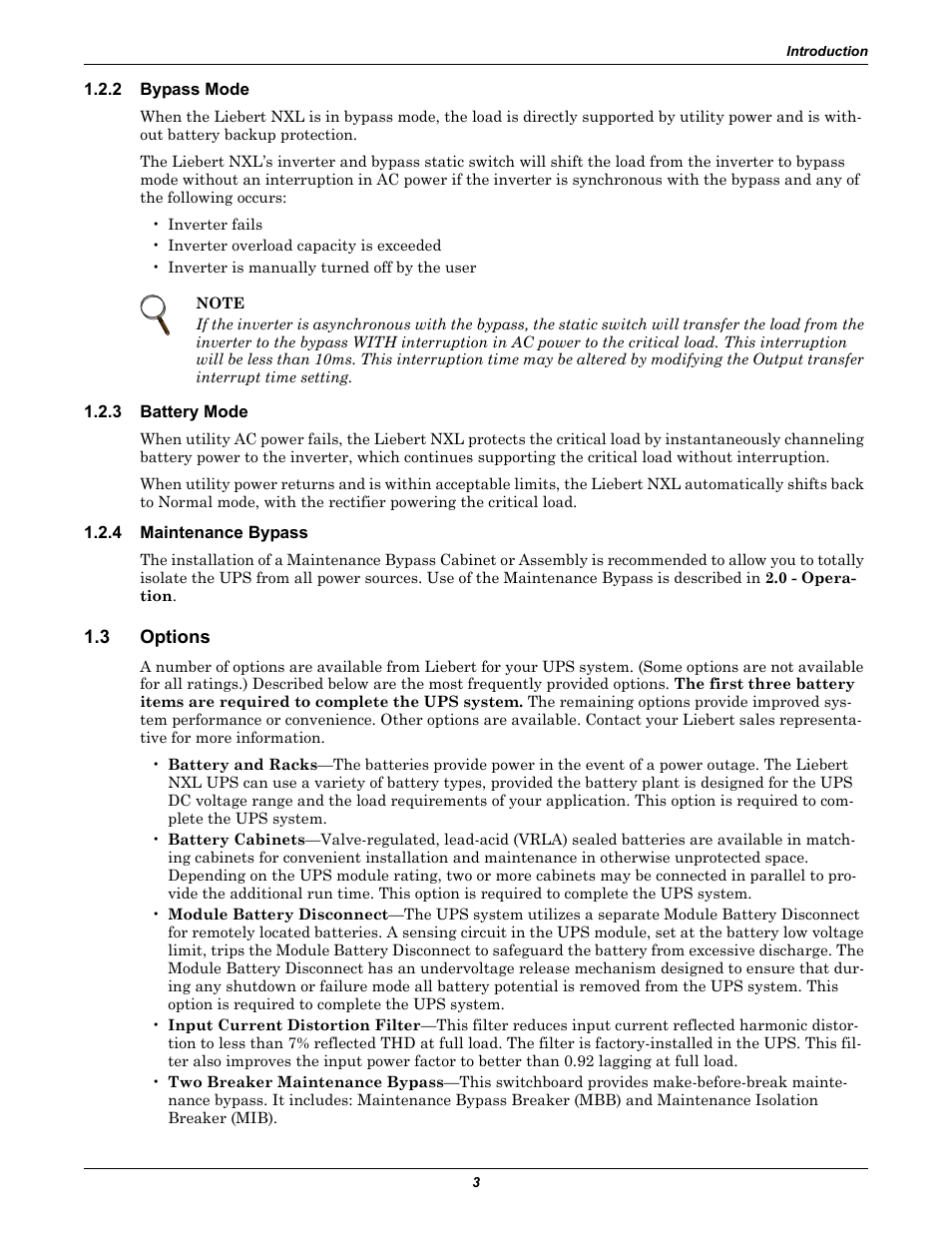 2 bypass mode, 3 battery mode, 4 maintenance bypass | 3 options, Bypass mode, Battery mode, Maintenance bypass, Options | Emerson 250-400kVA User Manual | Page 9 / 72