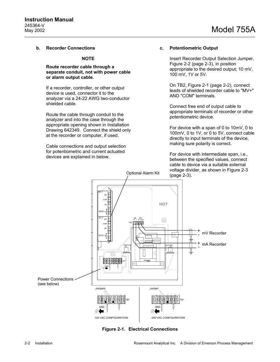 B. recorder connections, C. potentiometric output, 1 electrical connections | Model 755a, Instruction manual | Emerson 755A User Manual | Page 22 / 90