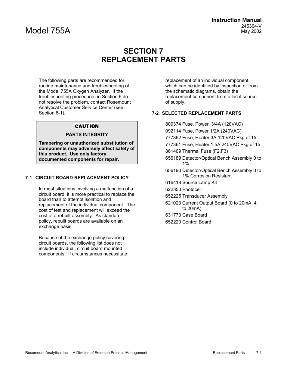 0 replacement parts, 1 circuit board replacement policy, 2 selected replacement parts | Model 755a | Emerson 755A User Manual | Page 77 / 90