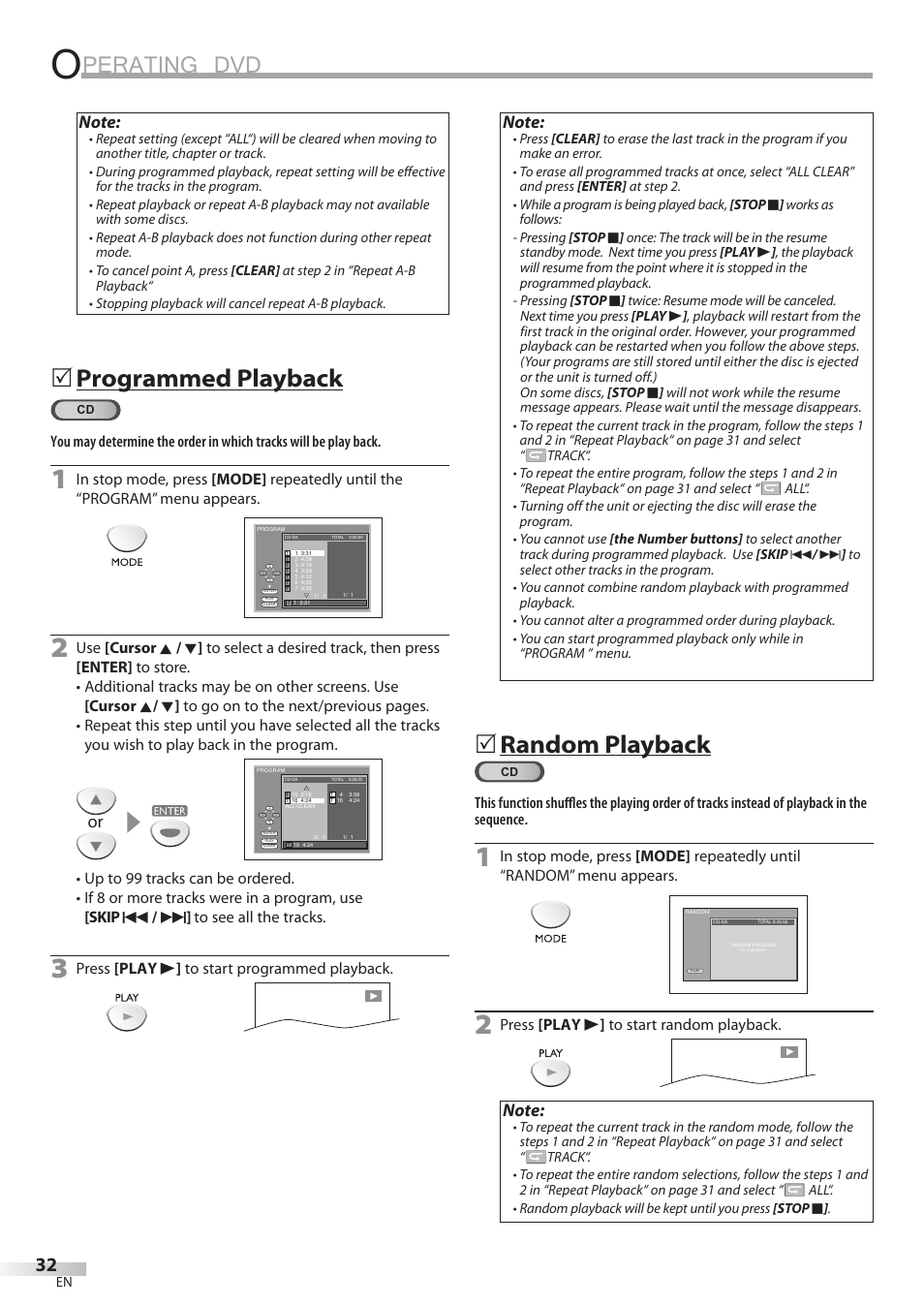 Perating dvd, Programmed playback, Random playback | Emerson LD200EM8 User Manual | Page 32 / 48