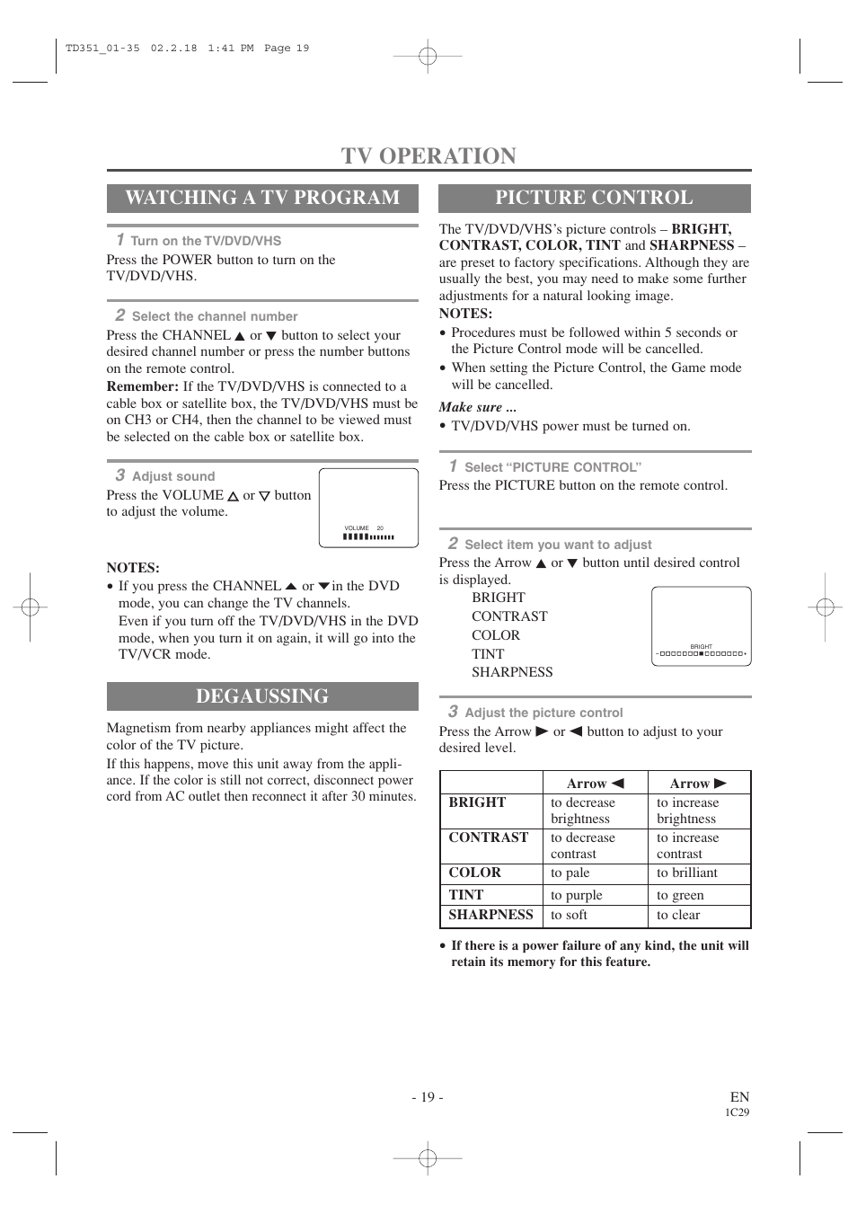Tv operation, Degaussing, Watching a tv program | Picture control | Emerson EWC19T1 User Manual | Page 19 / 64