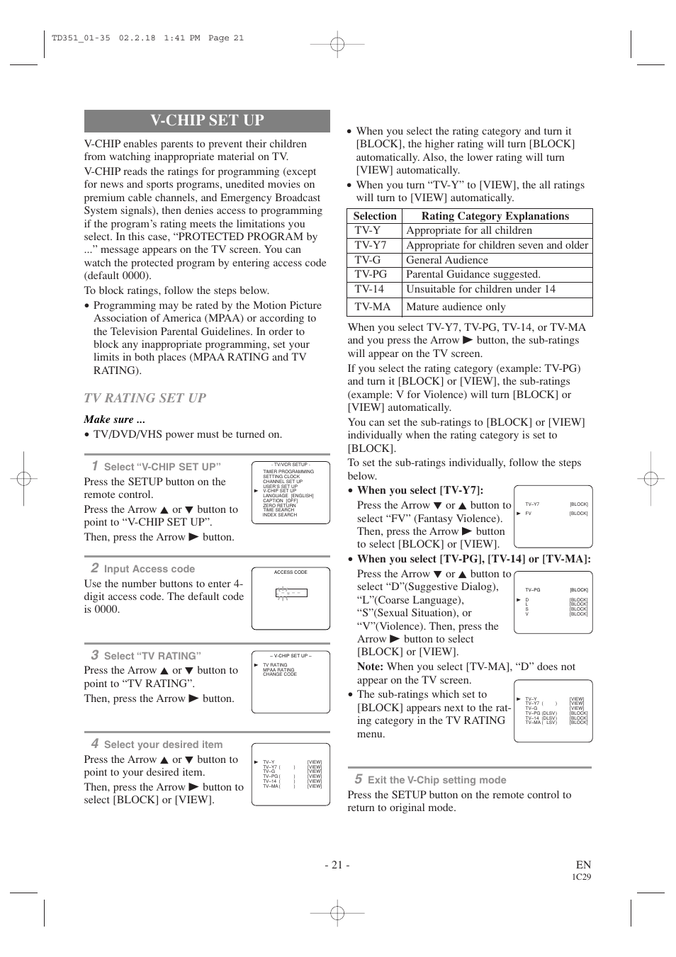V-chip set up, Tv rating set up, 21 - en | Make sure, Tv/dvd/vhs power must be turned on | Emerson EWC19T1 User Manual | Page 21 / 64
