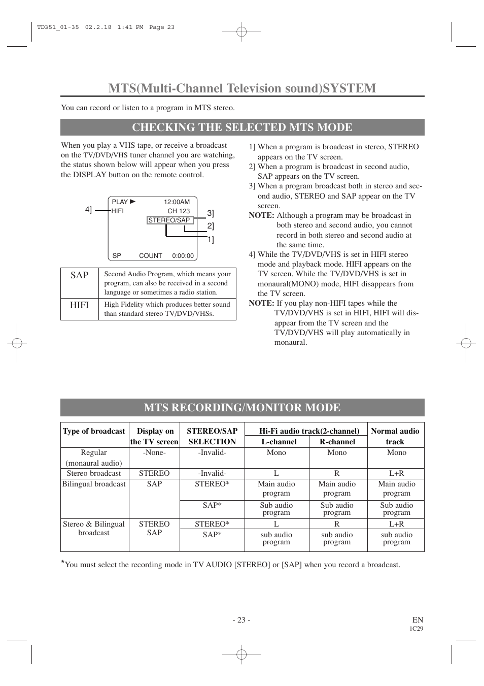 Mts(multi-channel television sound)system, Checking the selected mts mode, Mts recording/monitor mode | Emerson EWC19T1 User Manual | Page 23 / 64