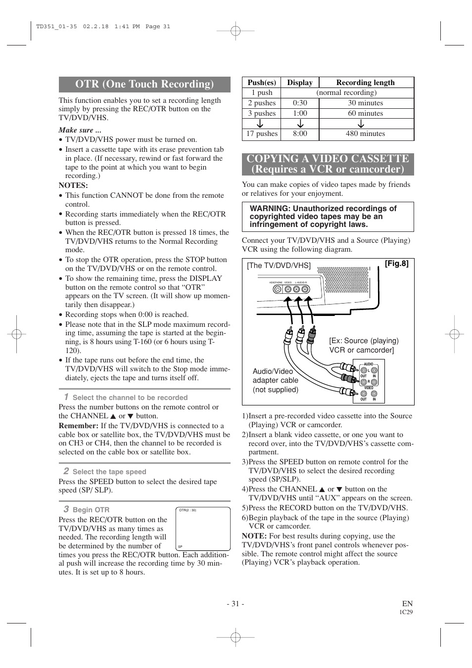 Otr (one touch recording) | Emerson EWC19T1 User Manual | Page 31 / 64