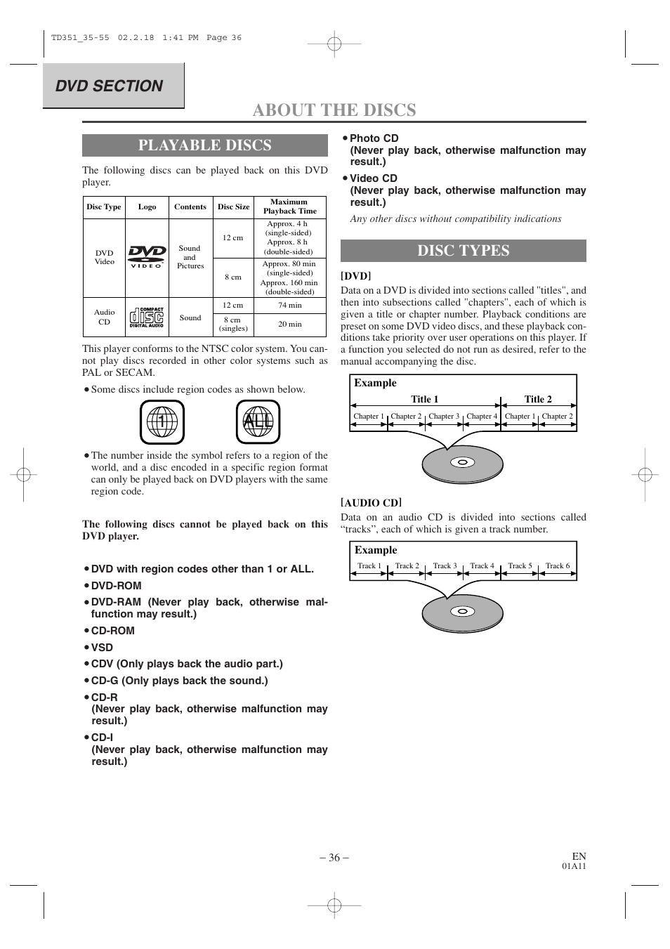 About the discs, Playable discs, Disc types | Emerson EWC19T1 User Manual | Page 36 / 64